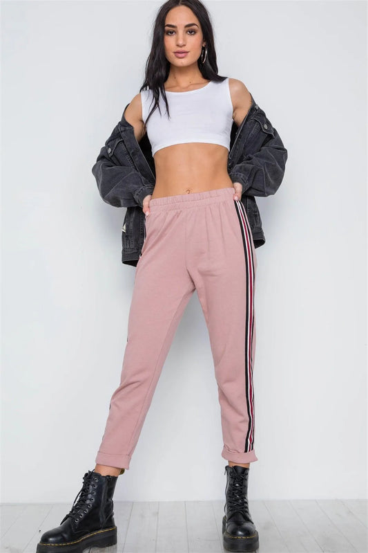 Mauve Contrast Trim High Waist Sweat Pants /2-4 - Tasha Apparel Wholesale