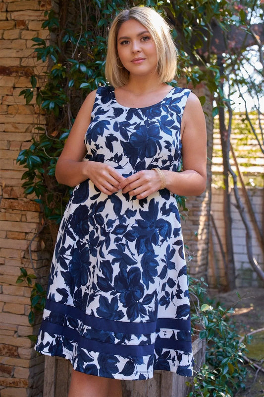 Junior Plus White Navy Floral Sleeveless Scoop Neck Flare Bottom Mini Dress /2-2-2 - Tasha Apparel Wholesale
