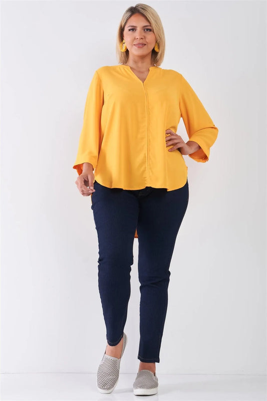 Junior Plus Size Tuscan Sun Yellow V-Neck Midi Sleeve Pleated Back Detail Relaxed Tunic Top /2-2-1 - Tasha Apparel Wholesale