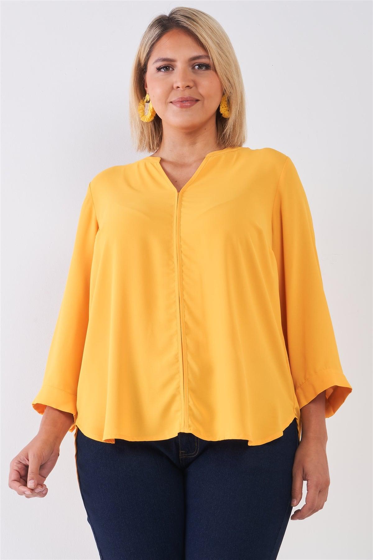 Junior Plus Size Tuscan Sun Yellow V-Neck Midi Sleeve Pleated Back Detail Relaxed Tunic Top /2-2-2