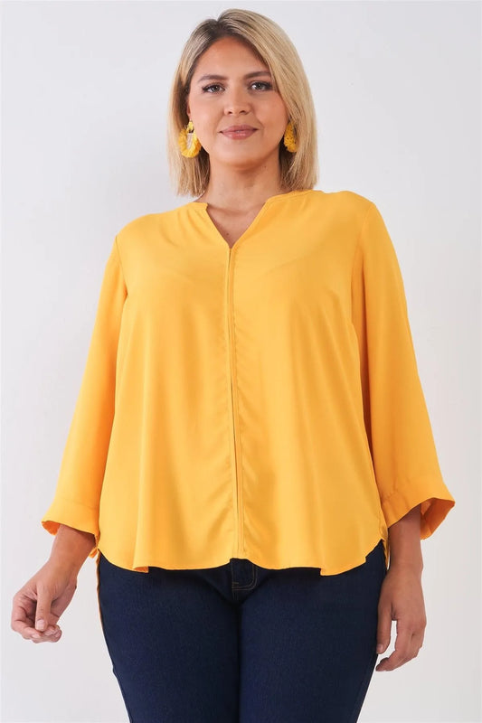 Junior Plus Size Tuscan Sun Yellow V-Neck Midi Sleeve Pleated Back Detail Relaxed Tunic Top /2-2-2 - Tasha Apparel Wholesale