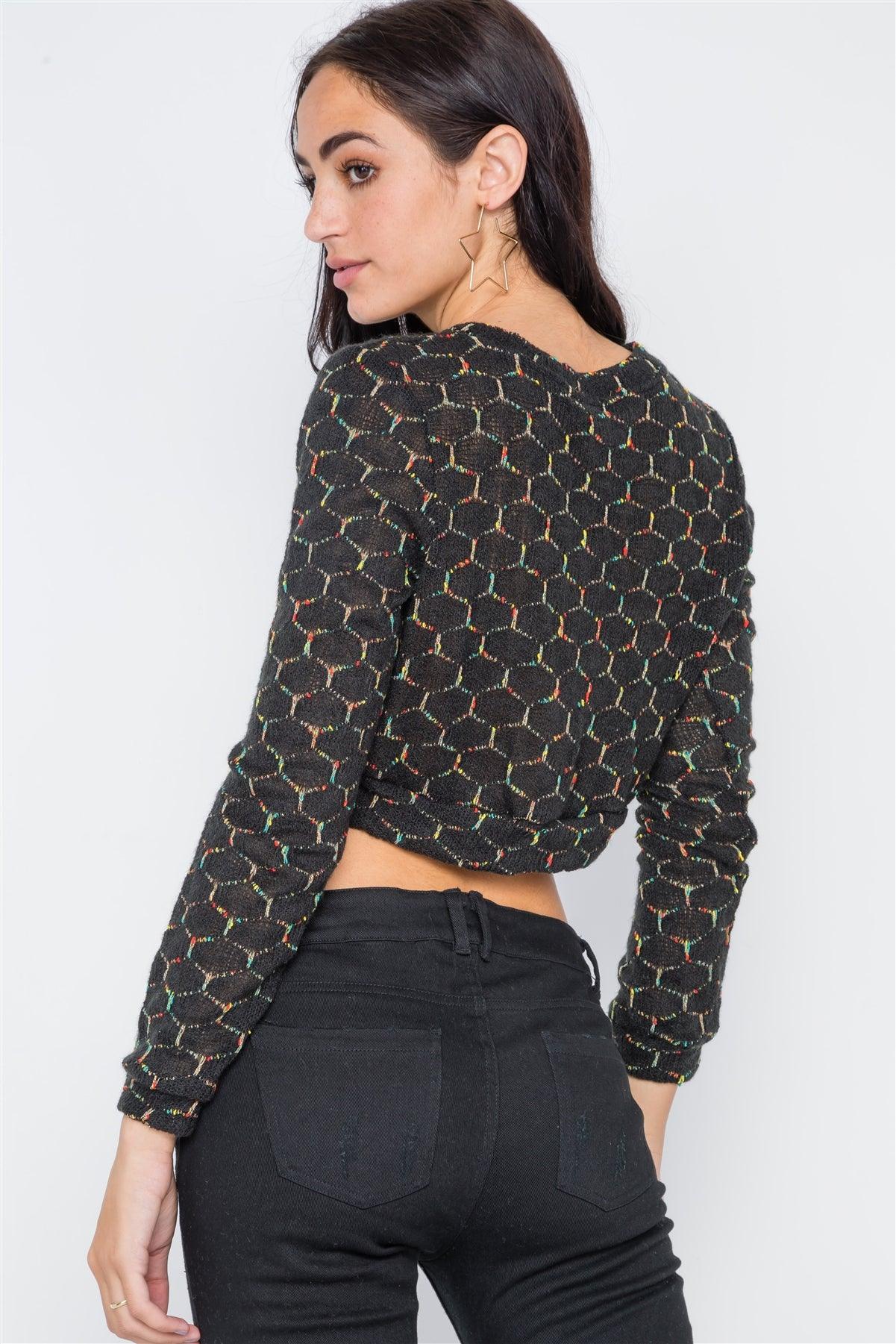 Black Hexagon Pattern Cropped Pullover Long Sleeve Knit Top /2-3