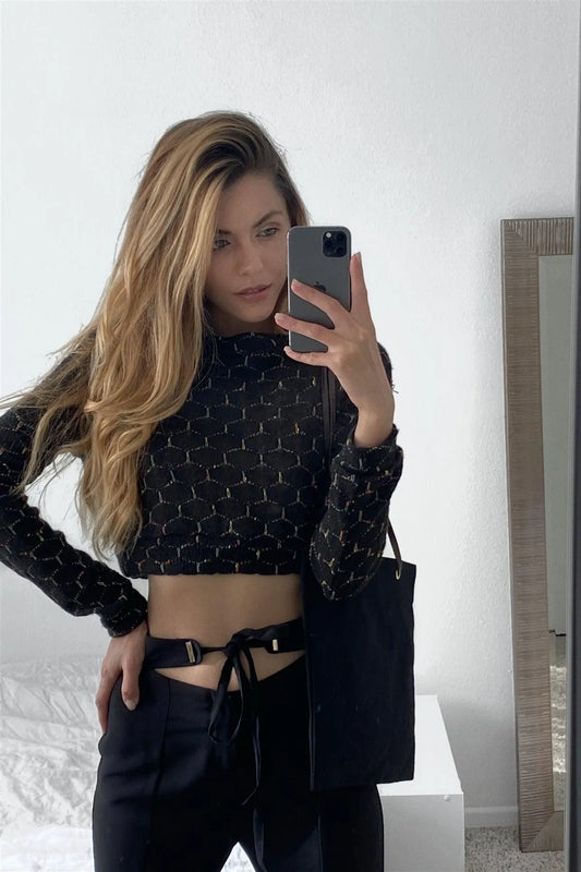 Black Hexagon Pattern Cropped Pullover Long Sleeve Knit Top /2-2-2 - Tasha Apparel Wholesale