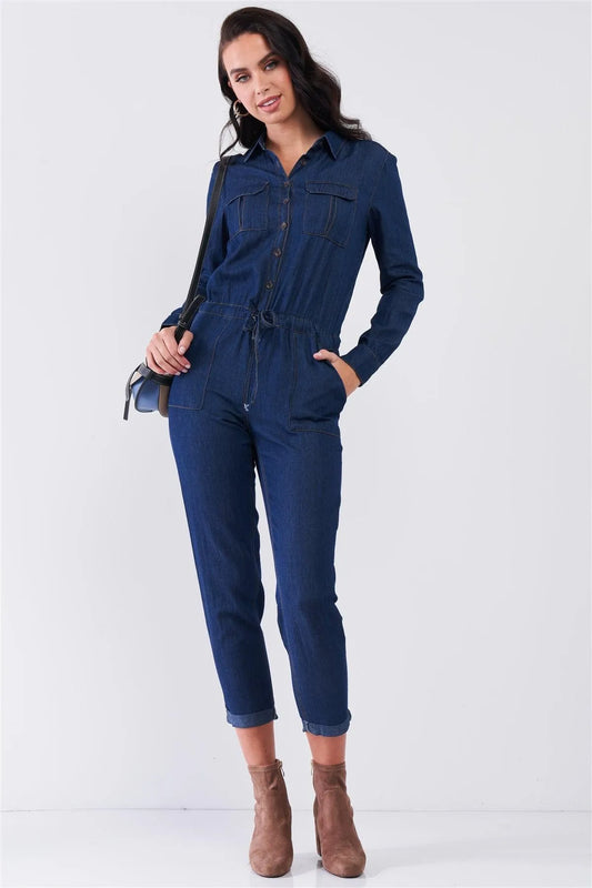 Dark Blue Long Sleeve Button Down Front Self-Tie Waist Denim Jumpsuit /1-3-2-1 - Tasha Apparel Wholesale