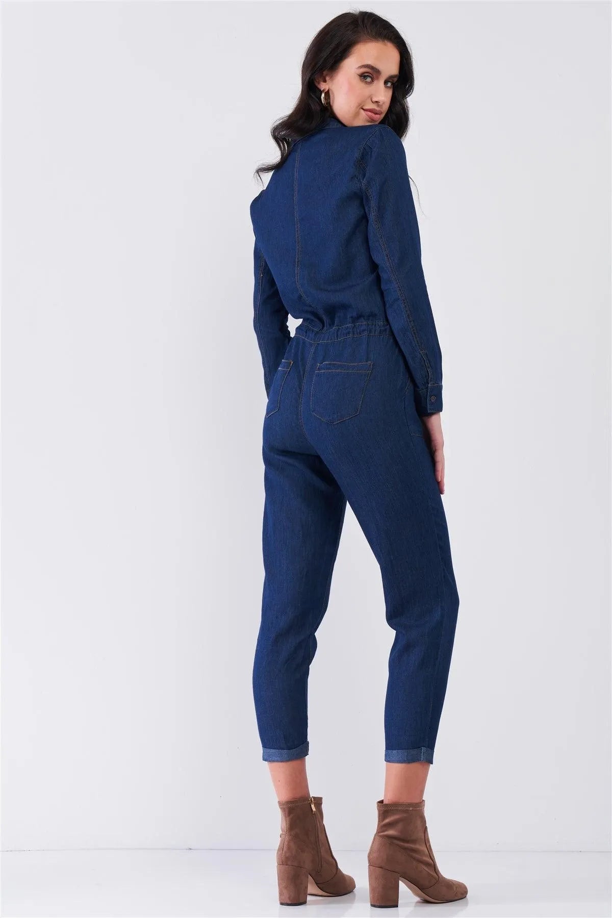 Dark Blue Long Sleeve Button Down Front Self-Tie Waist Denim Jumpsuit - Tasha Apparel Wholesale
