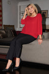 Junior Plus Red Square Neck 3/4 Puff Sleeve With Elasticated Hem Loose Fit Top /2-3