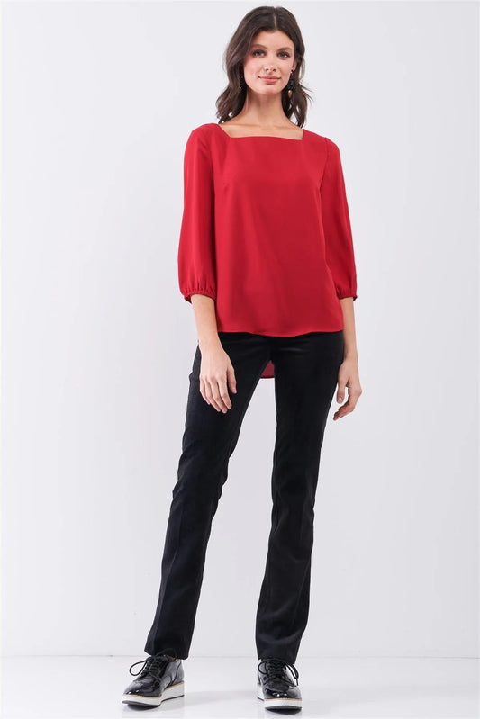 Red Square Neck 3/4 Puff Sleeve With Elasticated Hem Loose Fit Top /1-3-2 - Tasha Apparel Wholesale