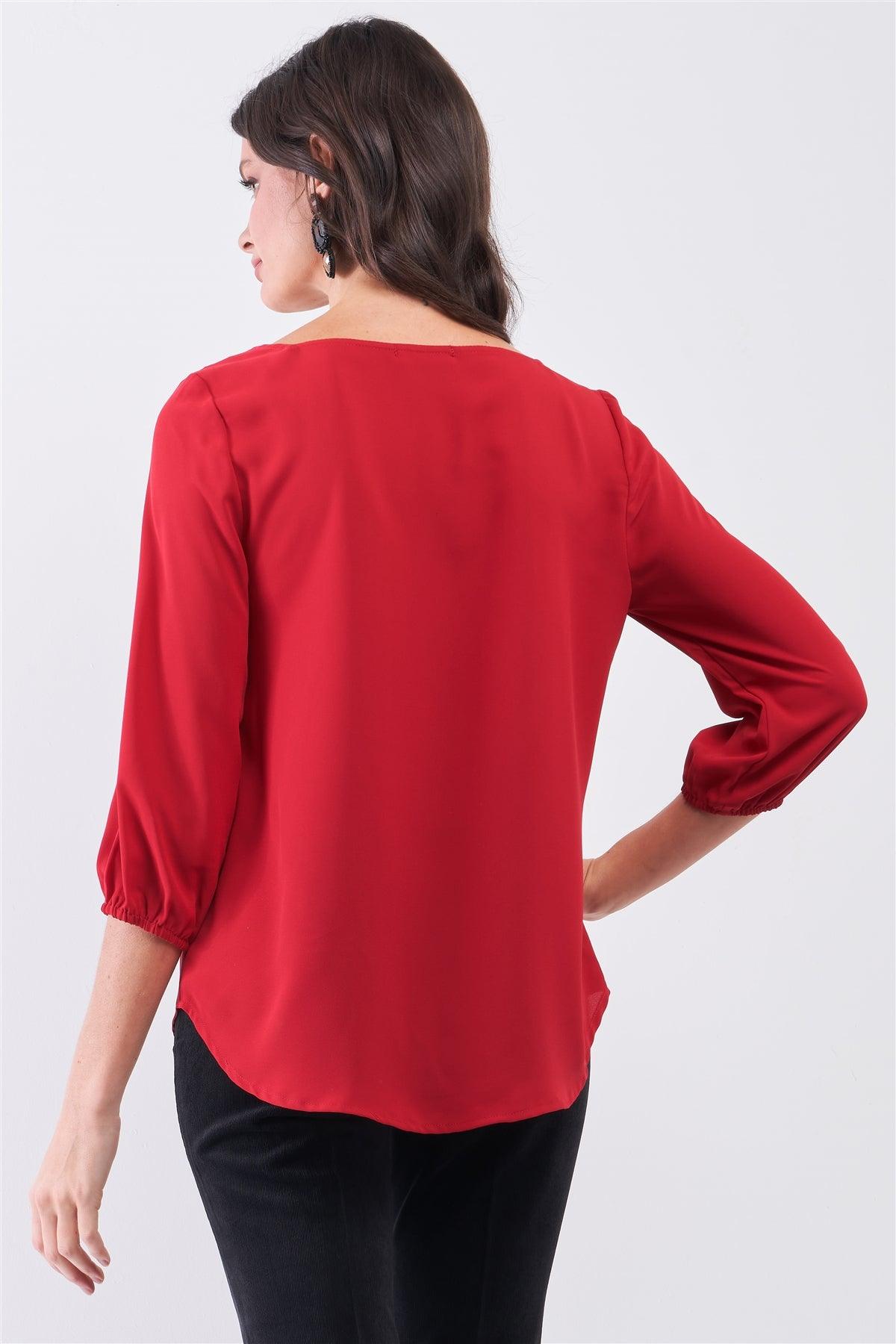 Red Square Neck 3/4 Puff Sleeve With Elasticated Hem Loose Fit Top /1-1-3-2