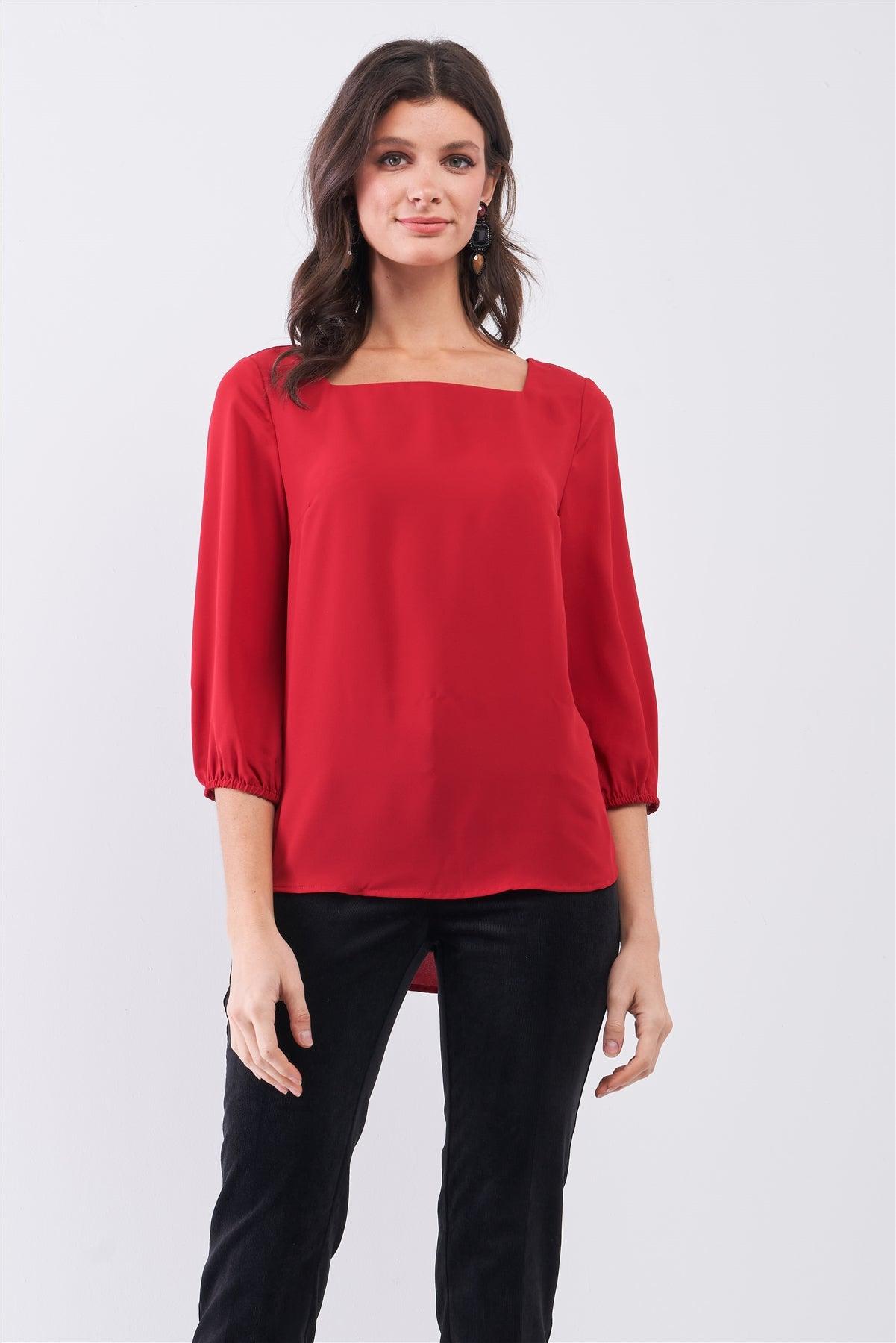 Red Square Neck 3/4 Puff Sleeve With Elasticated Hem Loose Fit Top