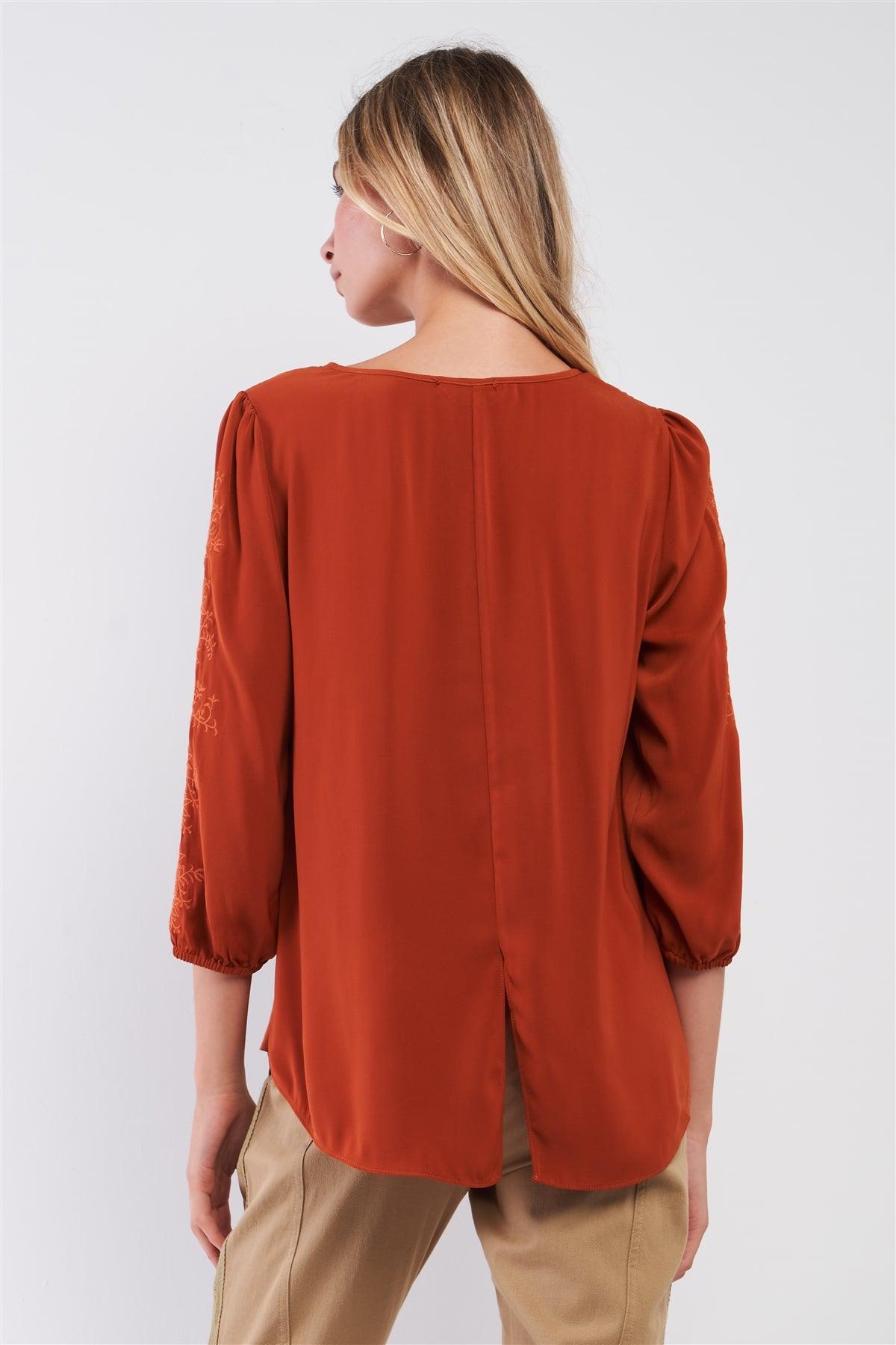 Autumn Red Boho Embroidery Trim Balloon Sleeve Relaxed Blouse Top /2-2-1