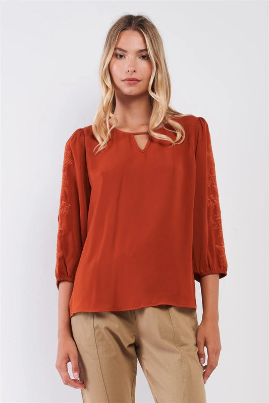 Autumn Red Boho Embroidery Trim Balloon Sleeve Relaxed Blouse Top - Tasha Apparel Wholesale