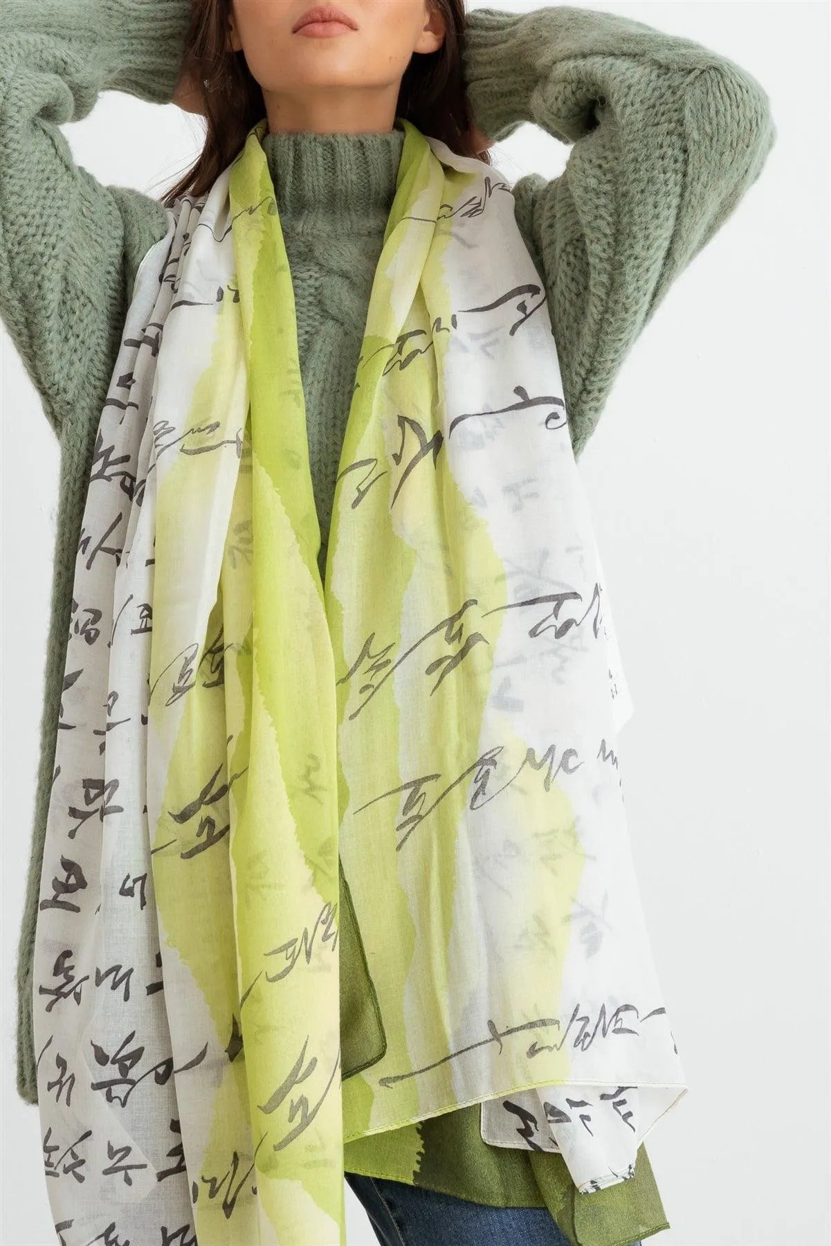 Green Hangul Design Korean Languages Wrap Long Shawl Scarf - Tasha Apparel Wholesale