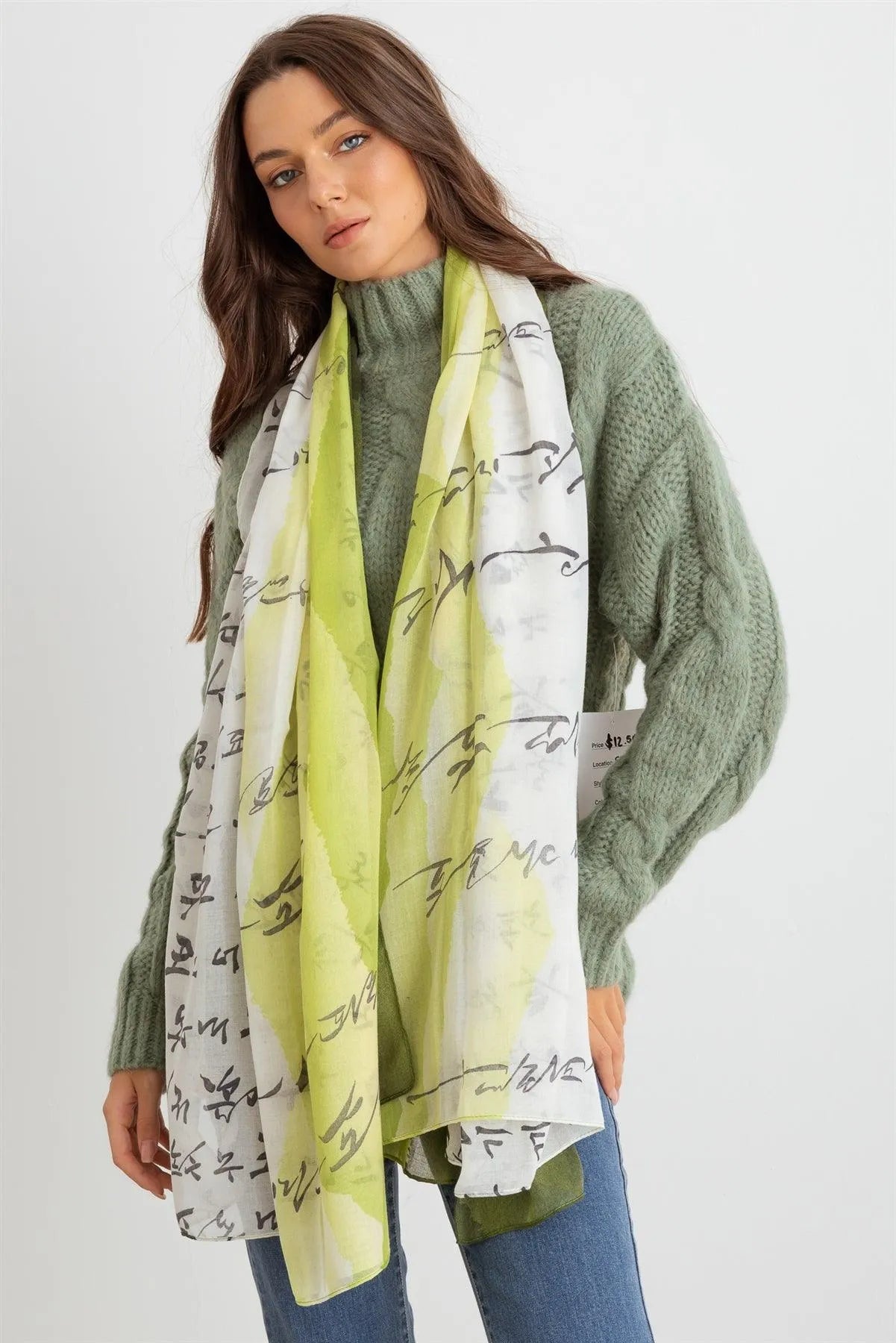 Green Hangul Design Korean Languages Wrap Long Shawl Scarf - Tasha Apparel Wholesale