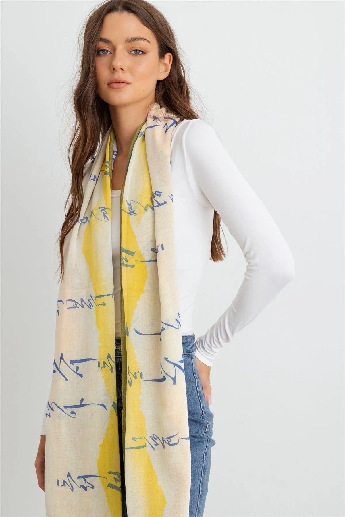 Wholesale Yellow Cool Hangul Design Korean Languages Wrap Long Shawl Scarf