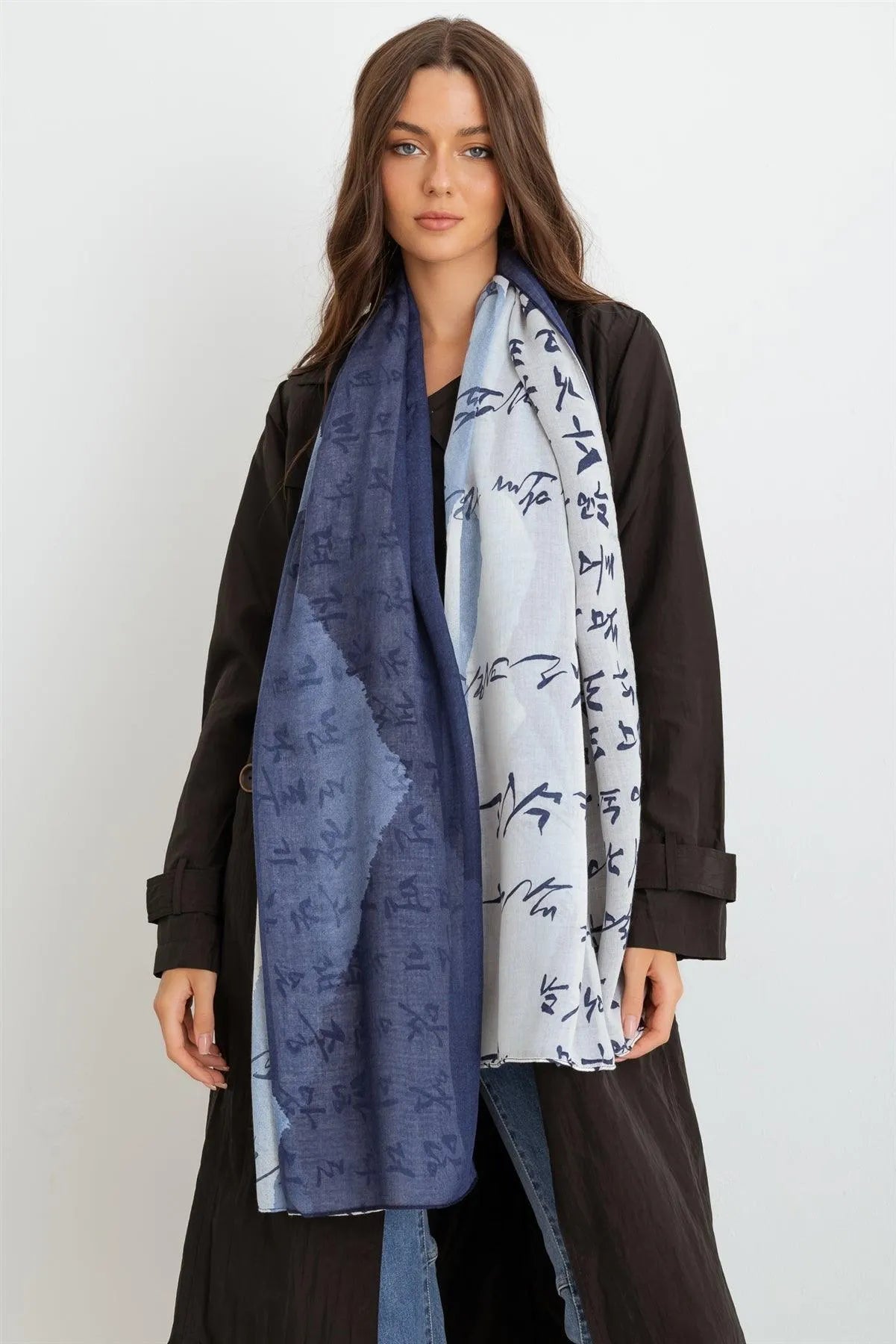 Wholesale Blue Hangul Design Korean Languages Wrap Long Shawl Scarf