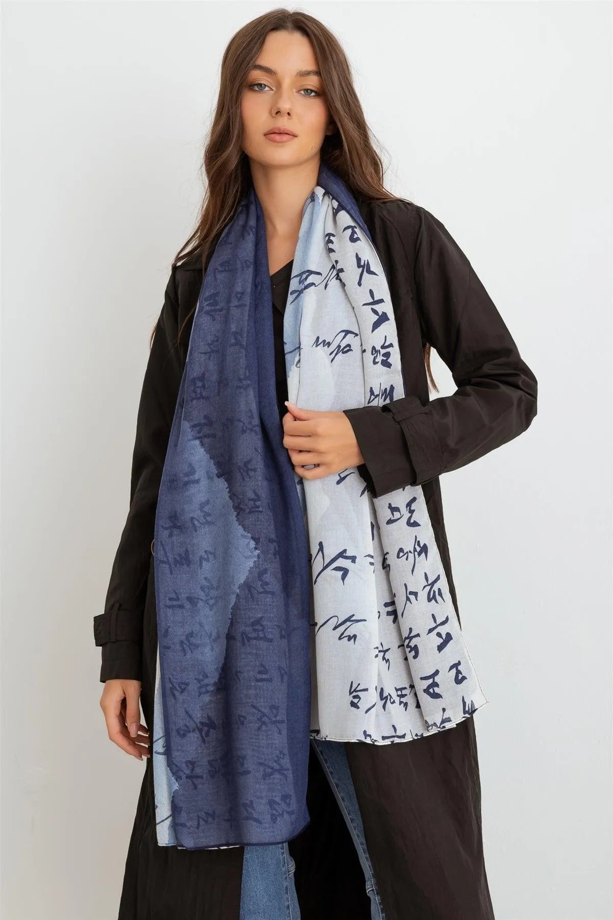 Wholesale Blue Hangul Design Korean Languages Wrap Long Shawl Scarf