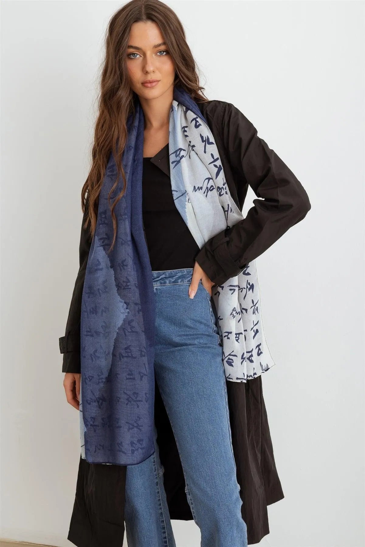Blue Hangul Design Korean Languages Wrap Long Shawl Scarf - Tasha Apparel Wholesale