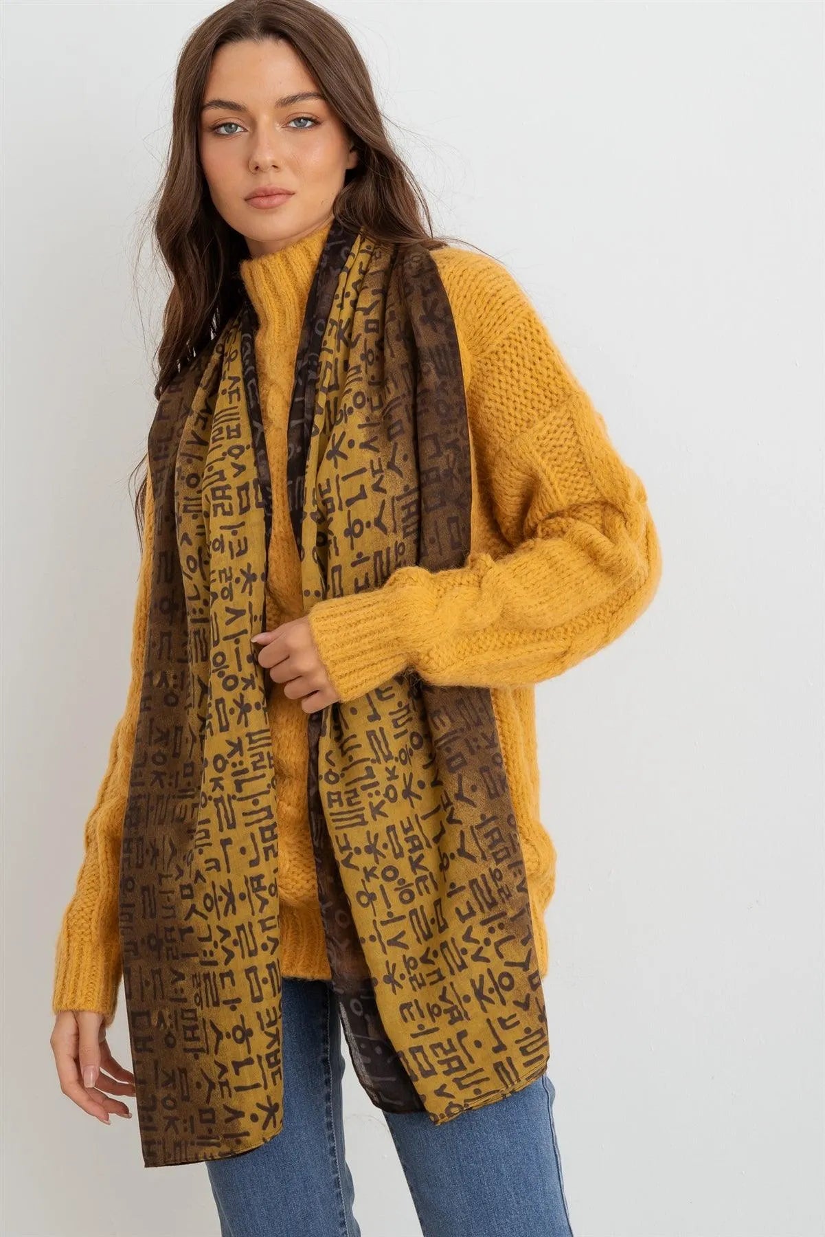 Wholesale Yellow Hangul Design Korean Wrap Long Shawl Scarf