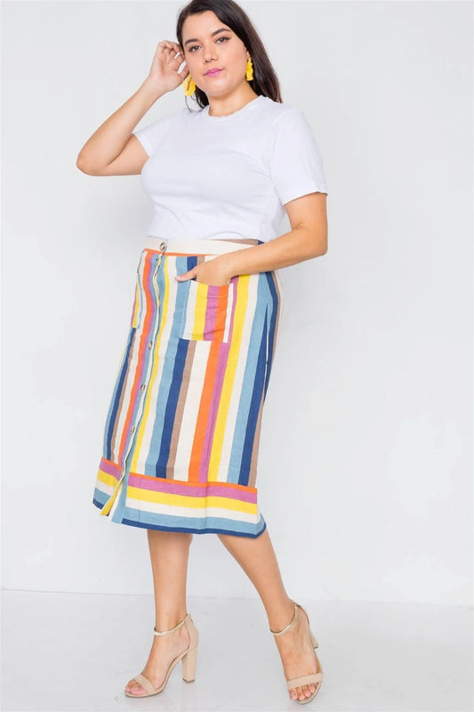 Plus Size Multi Stripe Print Front Buttons Midi Skirt / 1-2-2-1 - Tasha Apparel Wholesale