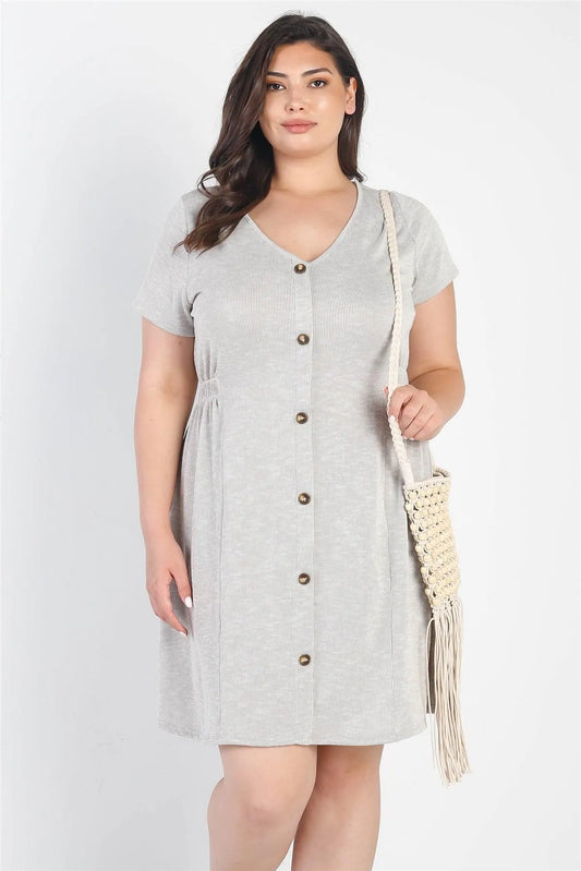 Junior Plus Warm Grey Textured Button-Up Short Sleeve Mini Dress /3-2-1 - Tasha Apparel Wholesale