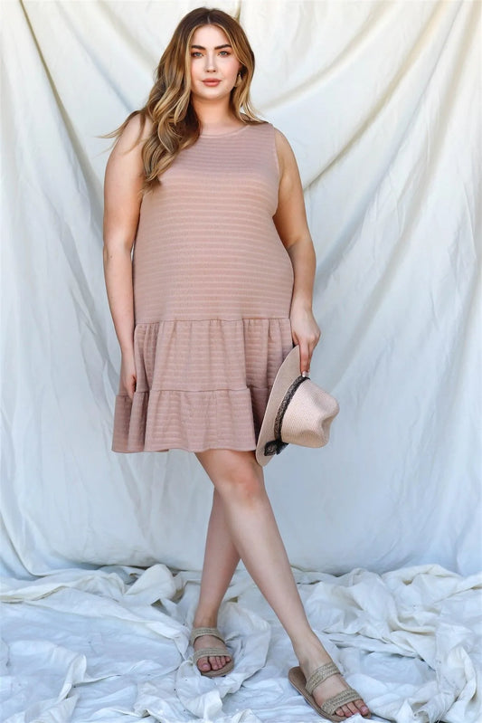Junior Plus Apricot Textured Ruffle Hem Open Back With Self-Tie Detail Mini Dress /2-2-1 - Tasha Apparel Wholesale