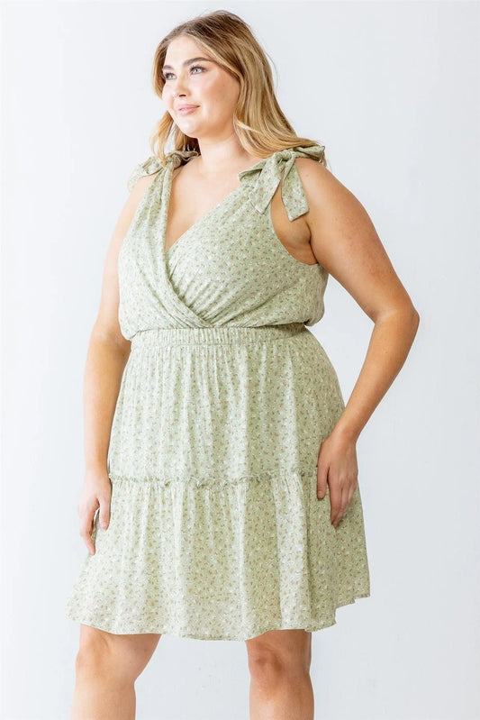 Junior Plus Light Green & Ivory Floral Print Wrap V-Neck Self-Tie Strappy Flare Hem Mini Dress /3-2-1 - Tasha Apparel Wholesale