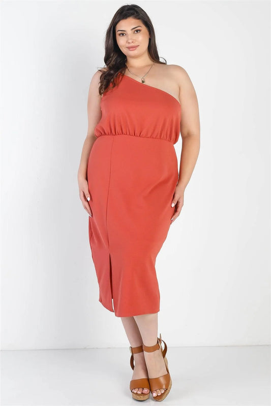 Plus Size Terracotta One Shoulder Sleeveless Midi Dress /3-2-1 - Tasha Apparel Wholesale