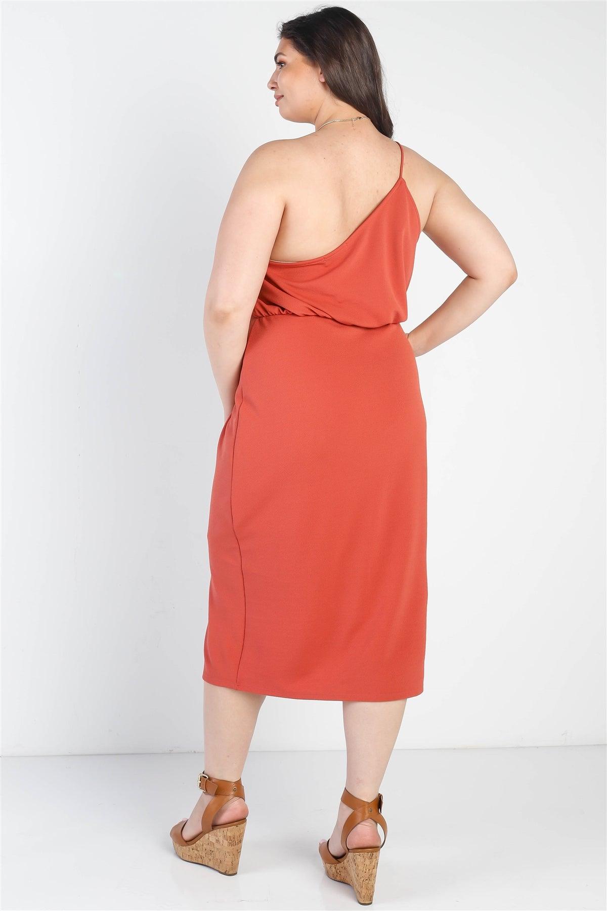 Junior Plus Terracotta Textured One Shoulder Sleeveless Midi Dress /3-2-1
