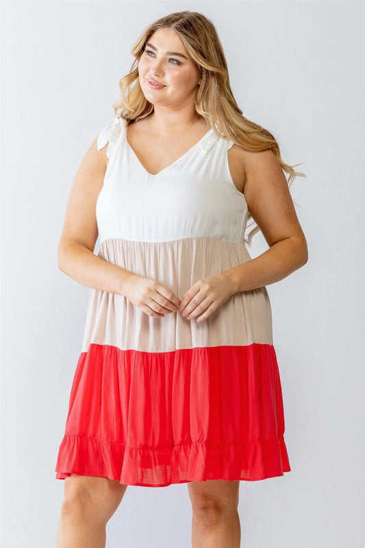 Junior Plus White & Coral Colorblocked Textured Mini Dress /3-2-1 - Tasha Apparel Wholesale