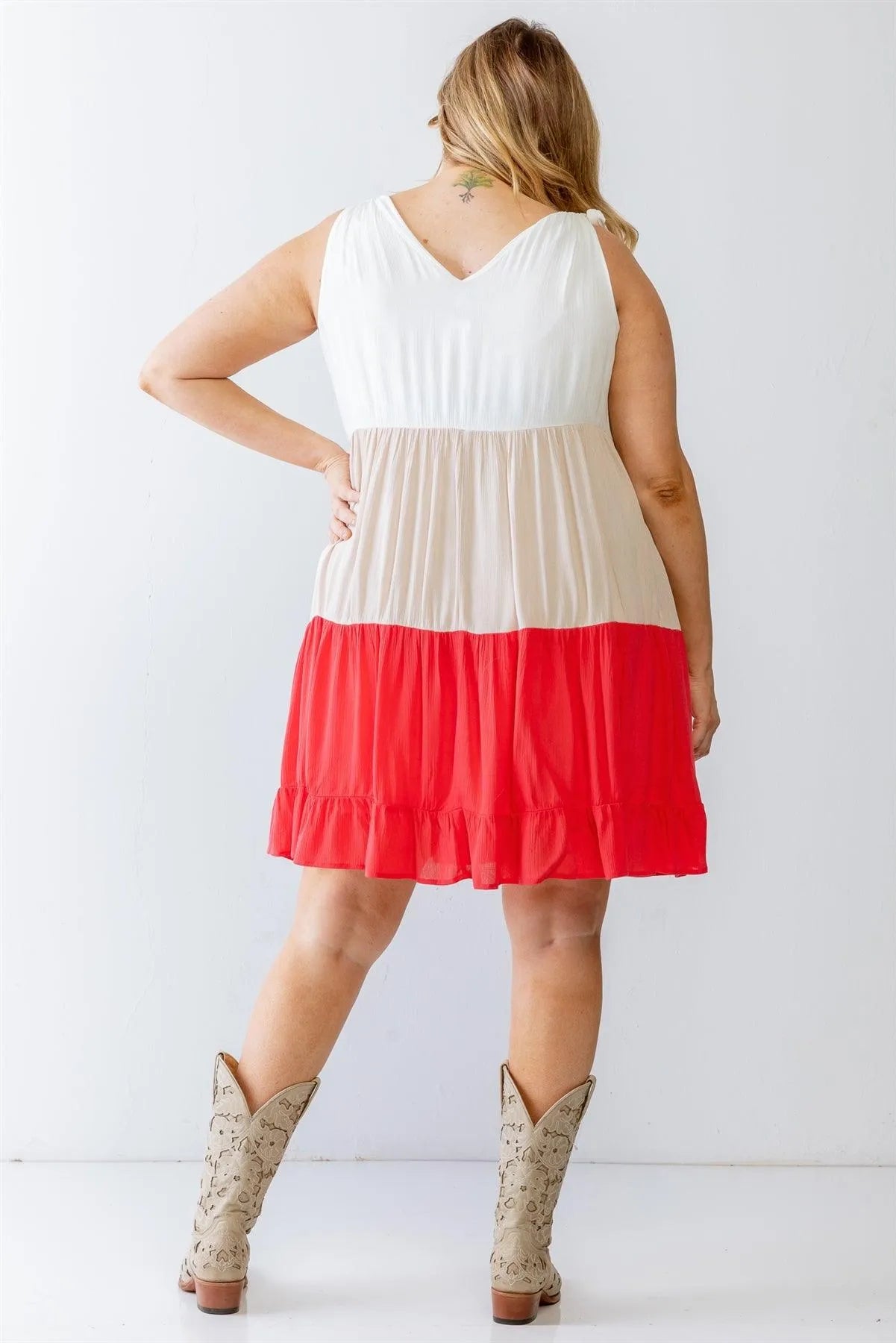 Junior Plus White & Coral Colorblocked Textured Mini Dress /3-2-1 - Tasha Apparel Wholesale