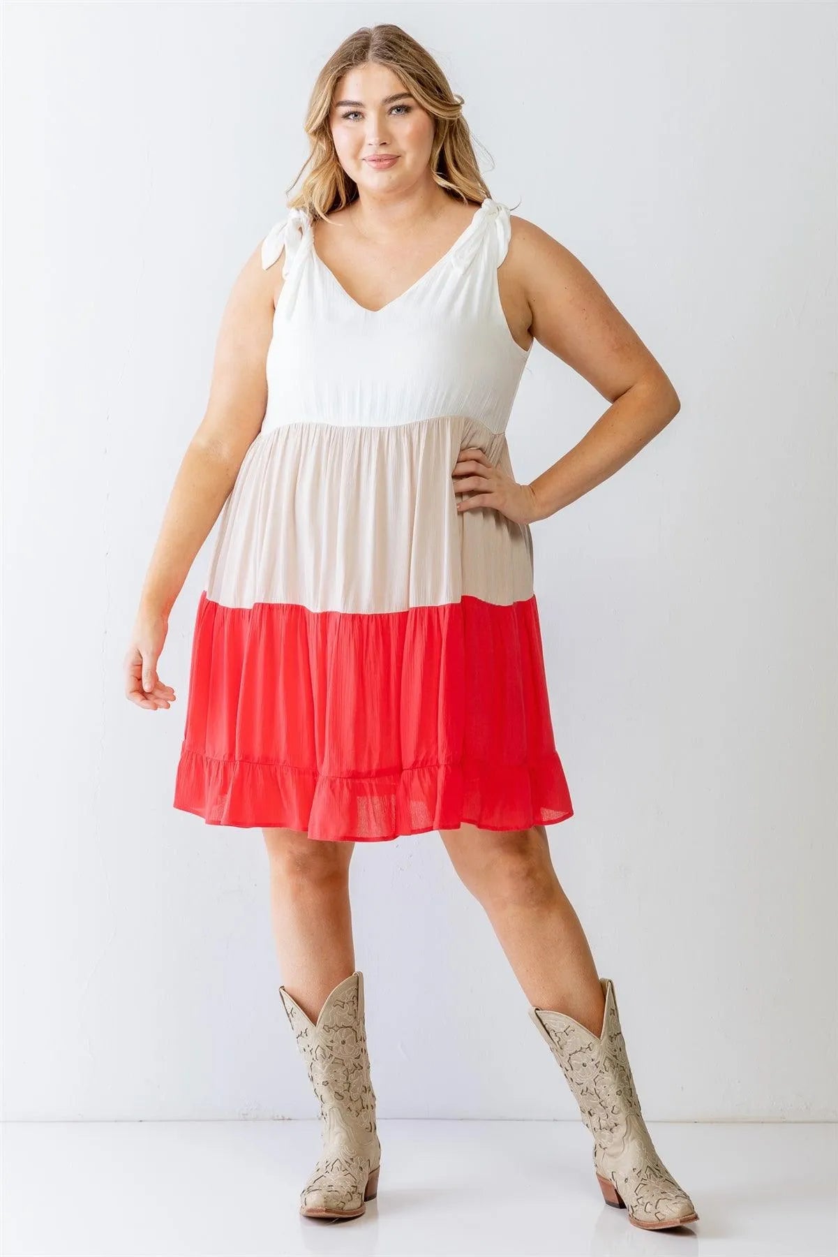 Junior Plus White & Coral Colorblocked Textured Mini Dress /3-2-1 - Tasha Apparel Wholesale