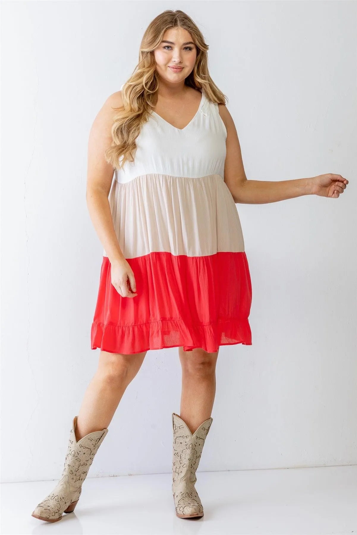Junior Plus White & Coral Colorblocked Textured Mini Dress /3-2-1 - Tasha Apparel Wholesale