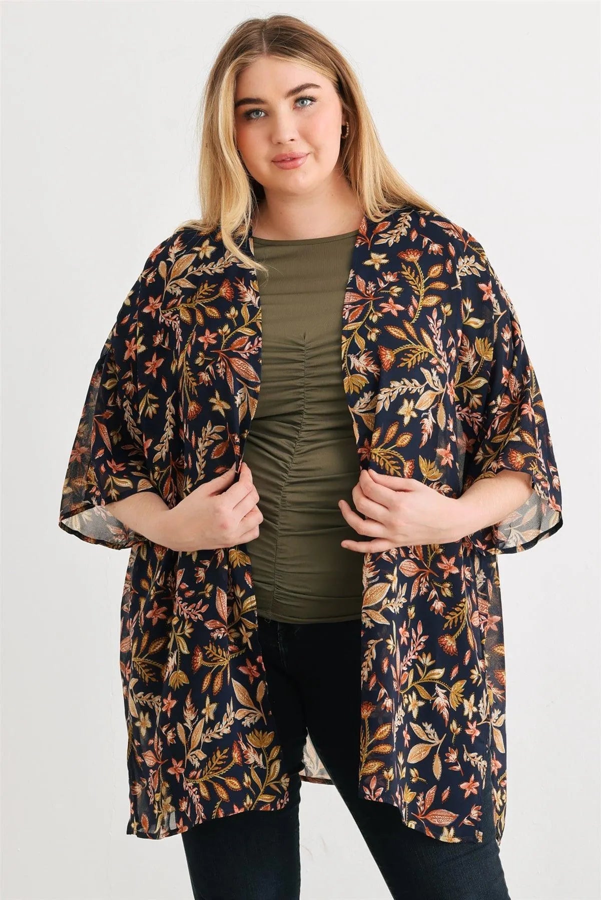 Junior Plus Navy Floral Multi Short Sleeve Open Front See Through Cardigan /3-2-1 - Tasha Apparel Wholesale