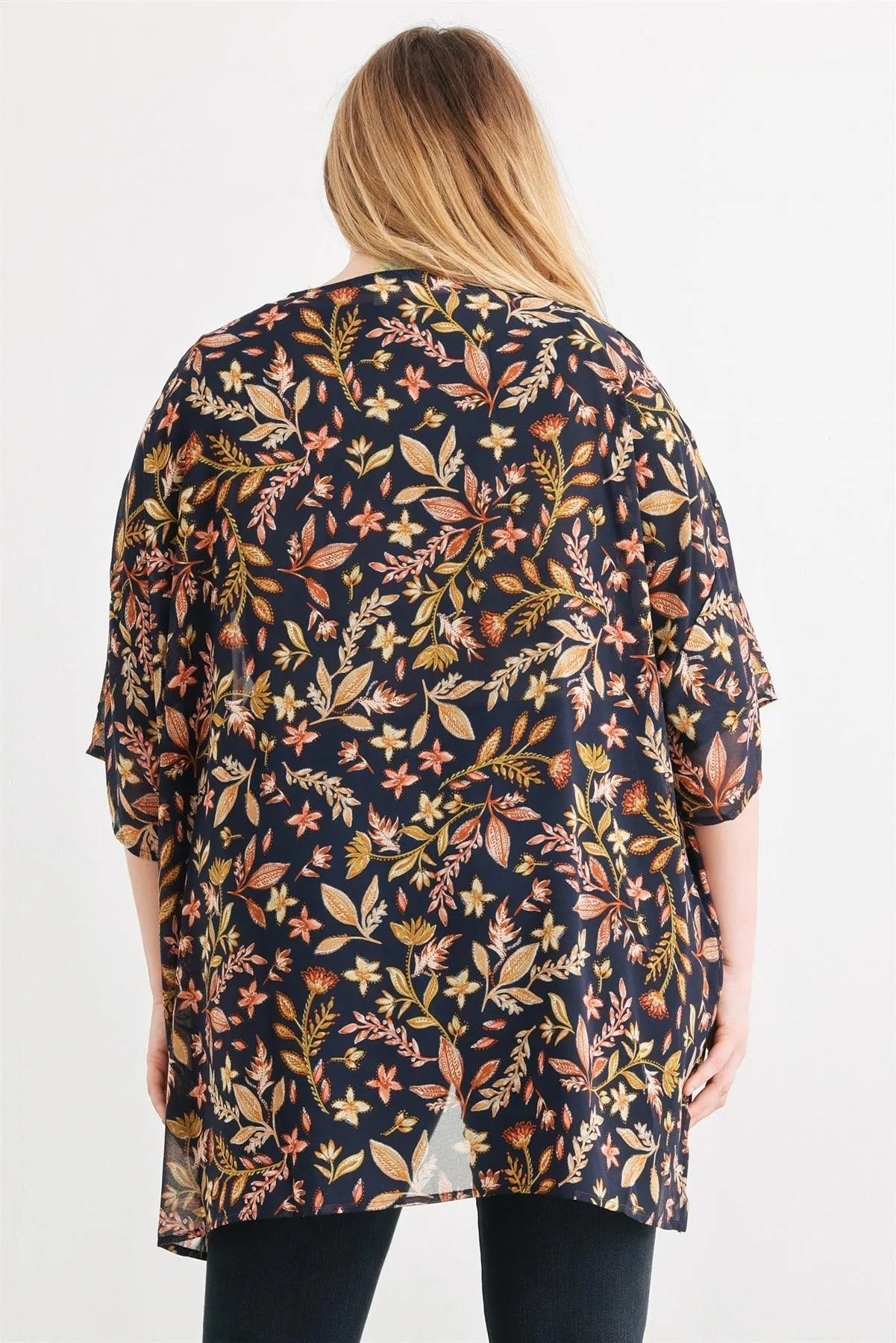 Junior Plus Navy Floral Multi Short Sleeve Open Front See Through Cardigan /3-2-1 - Tasha Apparel Wholesale