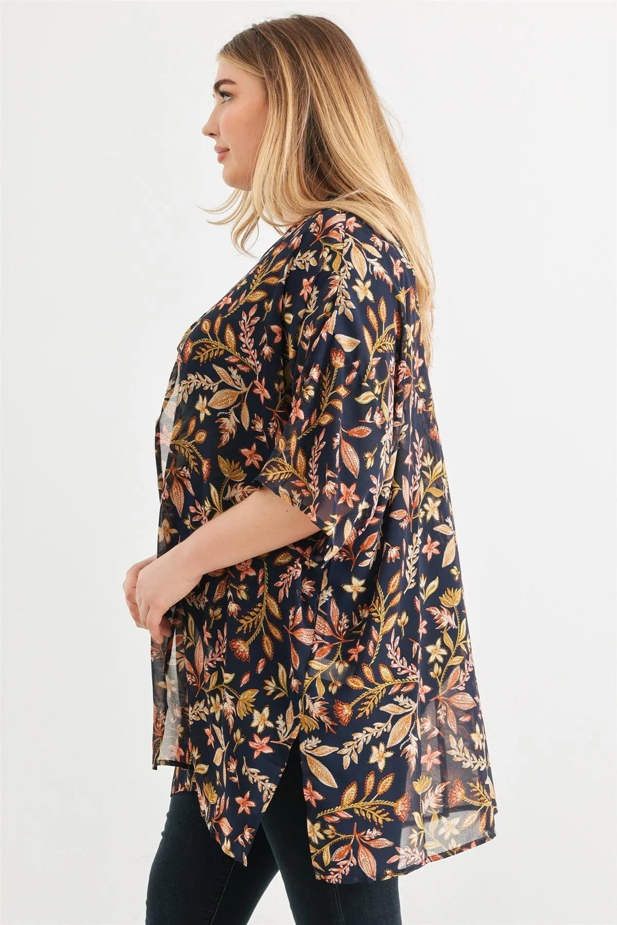 Junior Plus Navy Floral Multi Short Sleeve Open Front See Through Cardigan /3-2-1 - Tasha Apparel Wholesale