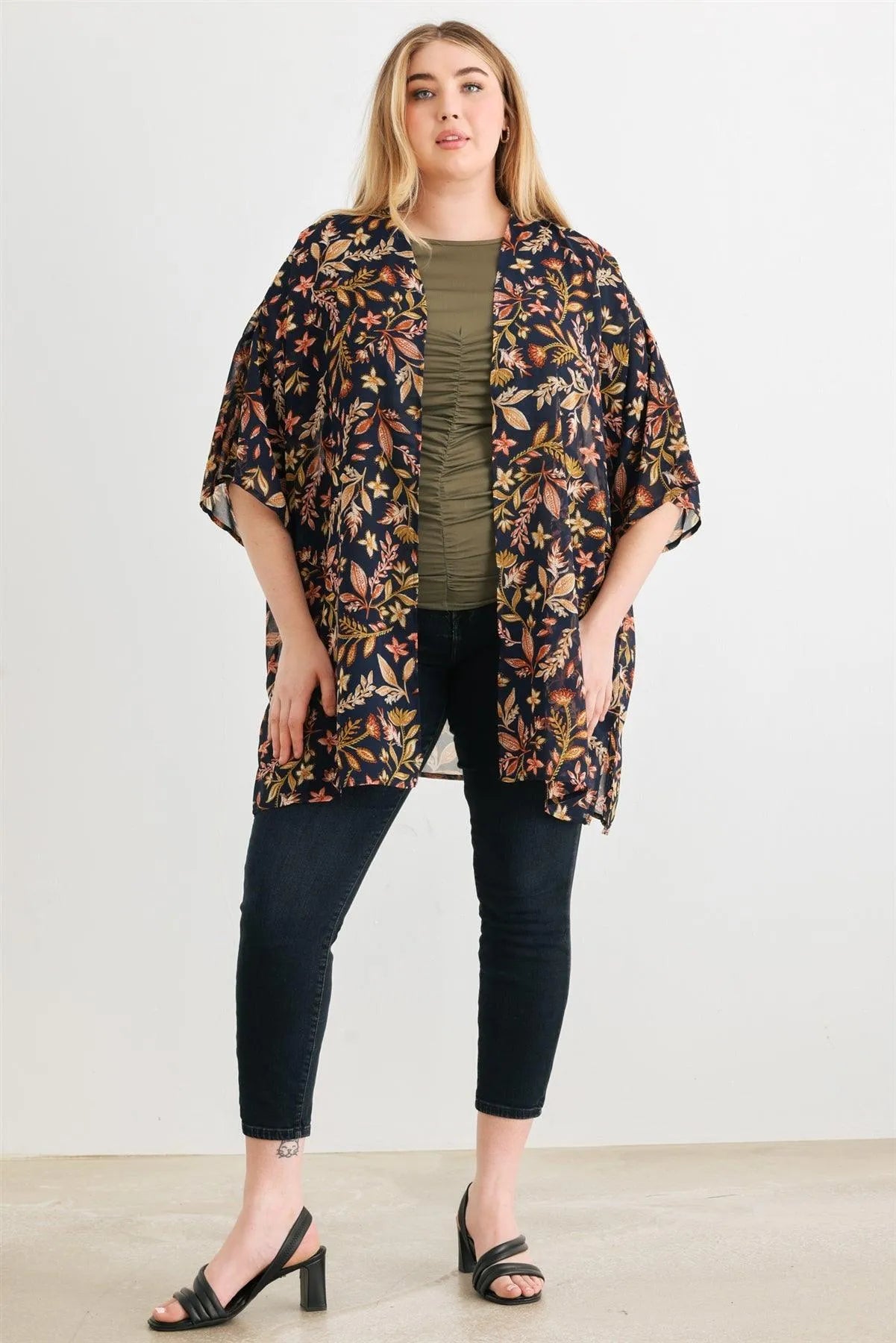 Junior Plus Navy Floral Multi Short Sleeve Open Front See Through Cardigan /3-2-1 - Tasha Apparel Wholesale