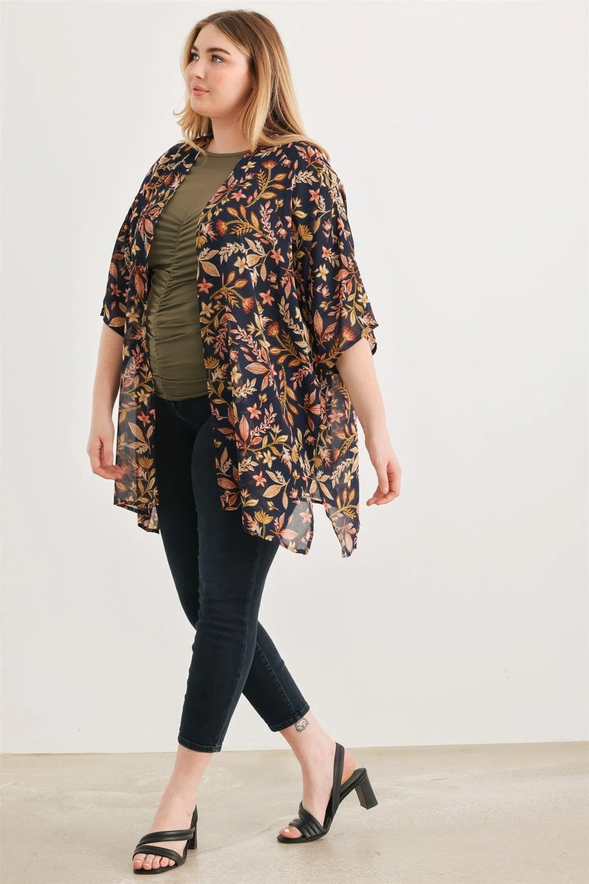 Junior Plus Navy Floral Multi Short Sleeve Open Front See Through Cardigan /3-2-1 - Tasha Apparel Wholesale