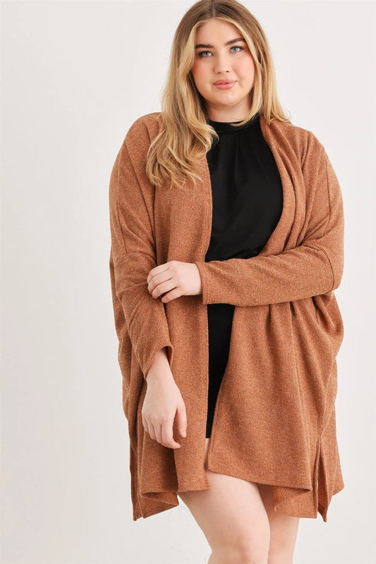 Junior Plus Camel Knit Long Sleeve Open Front Cardigan /1-2-1 - Tasha Apparel Wholesale