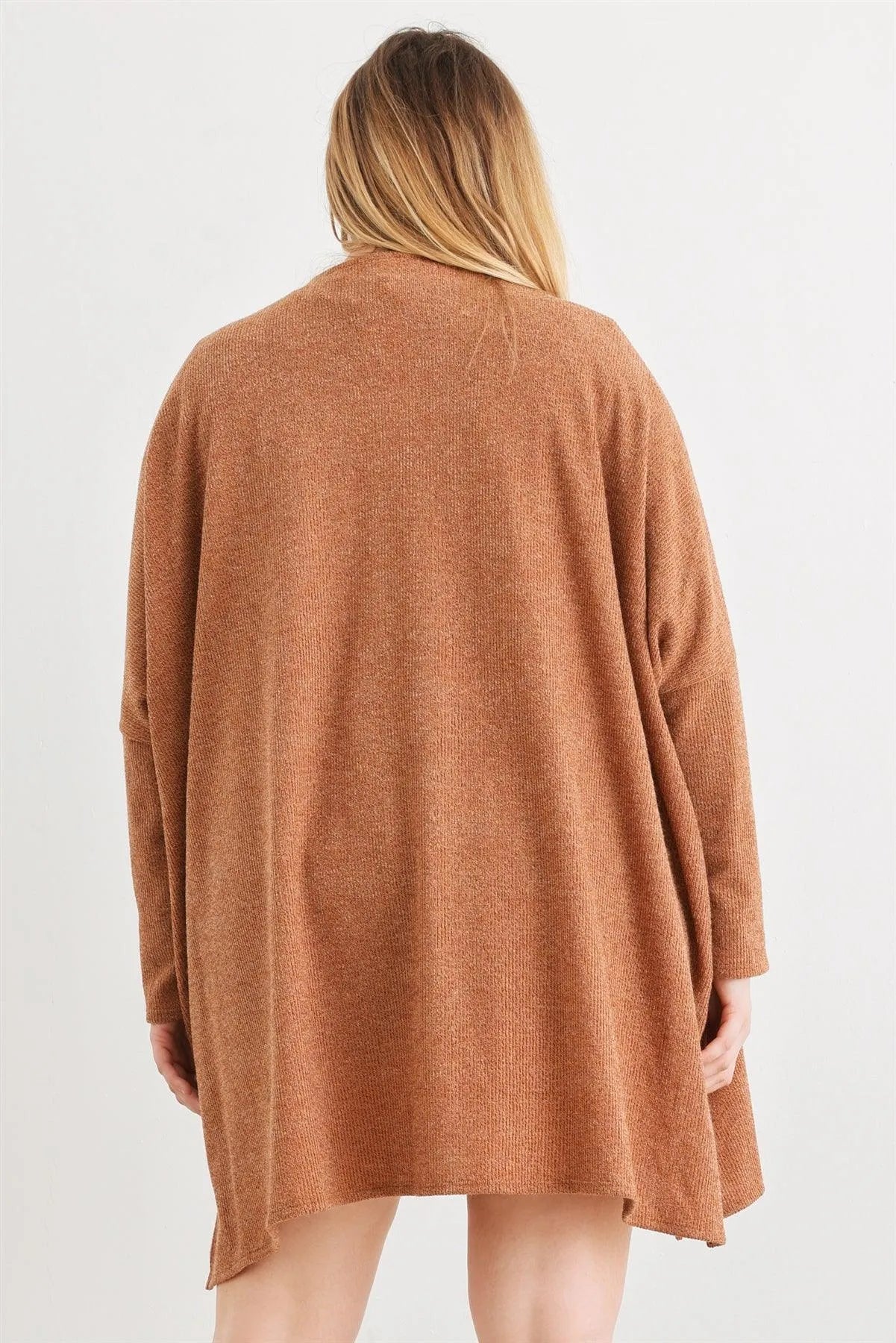 Junior Plus Camel Knit Long Sleeve Open Front Cardigan /1-2-1 - Tasha Apparel Wholesale