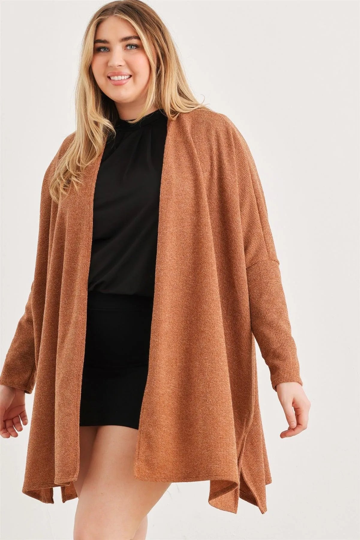 Junior Plus Camel Knit Long Sleeve Open Front Cardigan /1-2-1 - Tasha Apparel Wholesale
