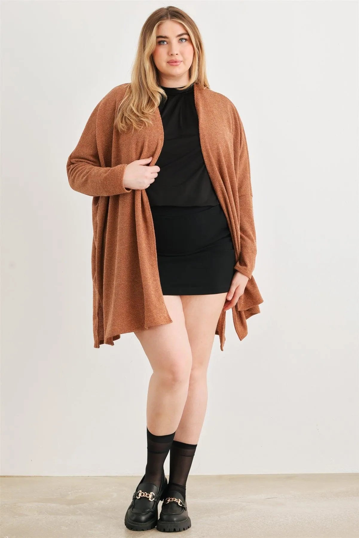 Junior Plus Camel Knit Long Sleeve Open Front Cardigan /1-2-1 - Tasha Apparel Wholesale
