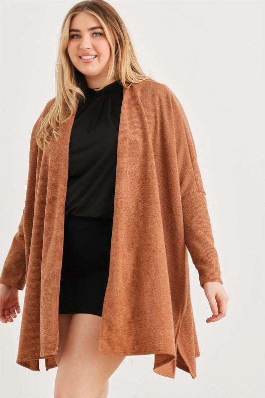 Junior Plus Camel Knit Long Sleeve Open Front Cardigan /3-2-1 - Tasha Apparel Wholesale