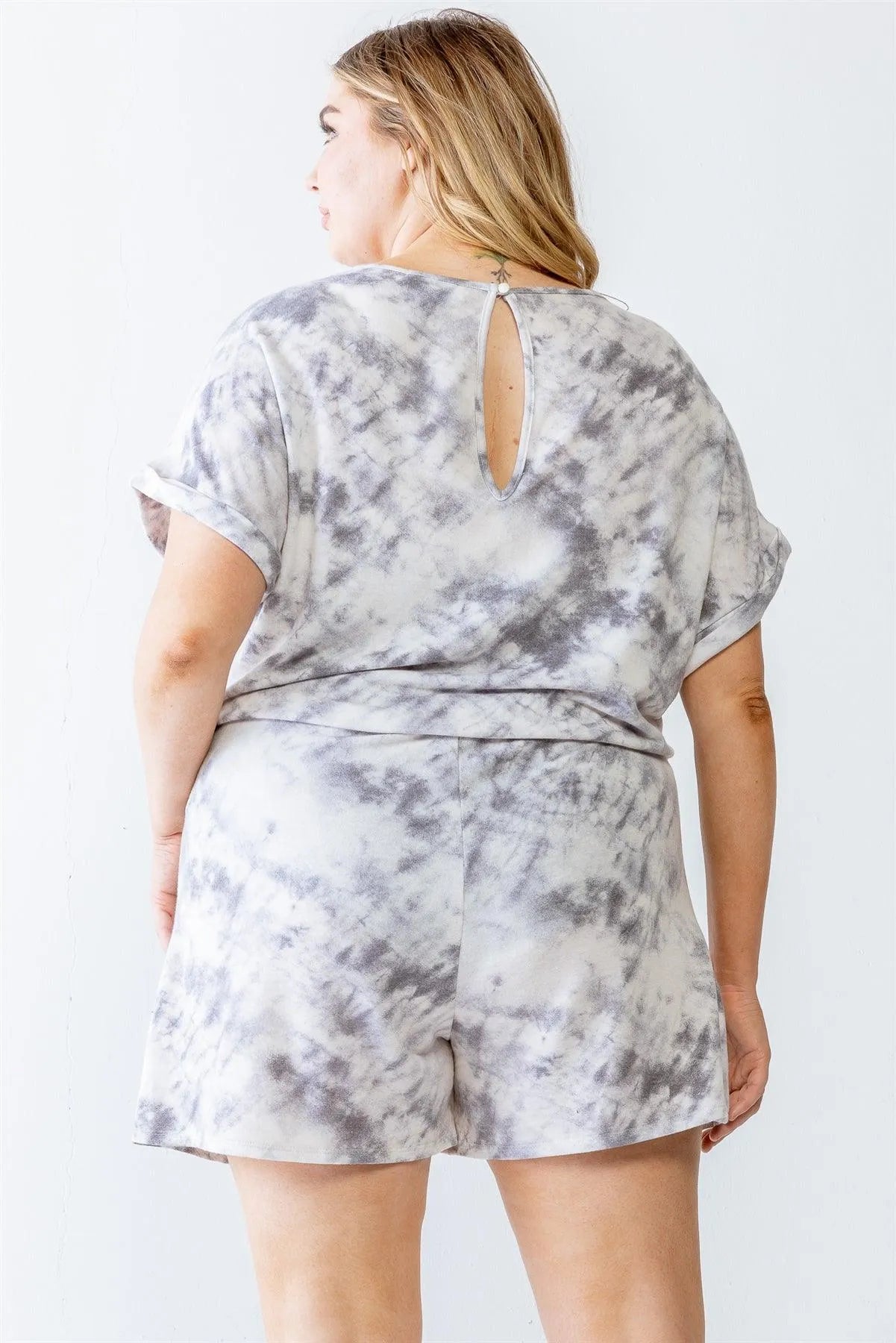 Junior Plus Ivory & Grey Tie-Dye Print Two Pocket Romper /1-1-1 - Tasha Apparel Wholesale