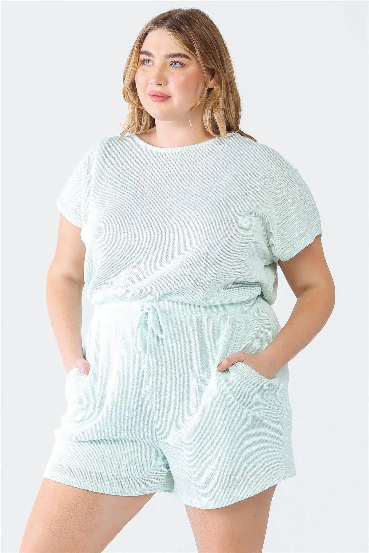 Junior Plus Mint Knit Dolman Sleeve Two Pocket Wrap Back Romper - Tasha Apparel Wholesale