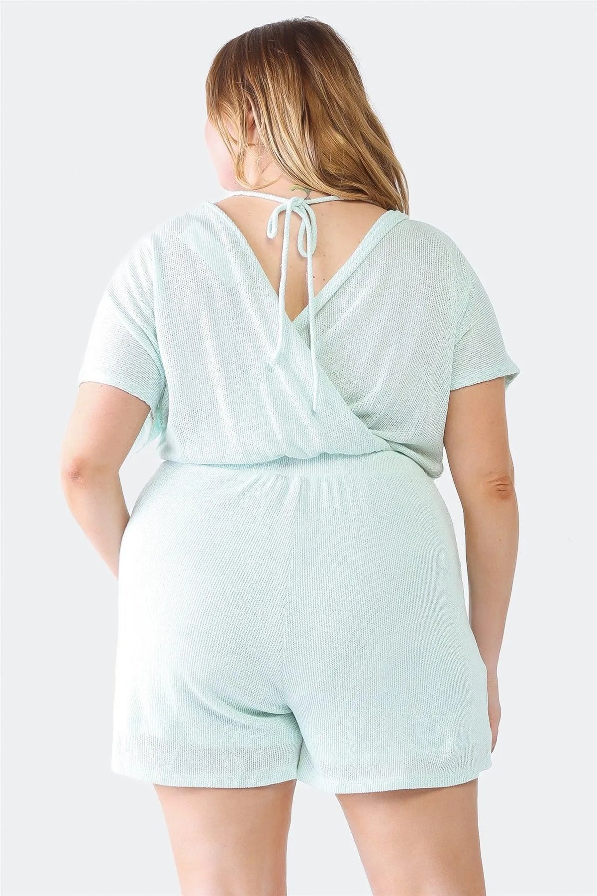 Junior Plus Mint Knit Dolman Sleeve Two Pocket Wrap Back Romper - Tasha Apparel Wholesale