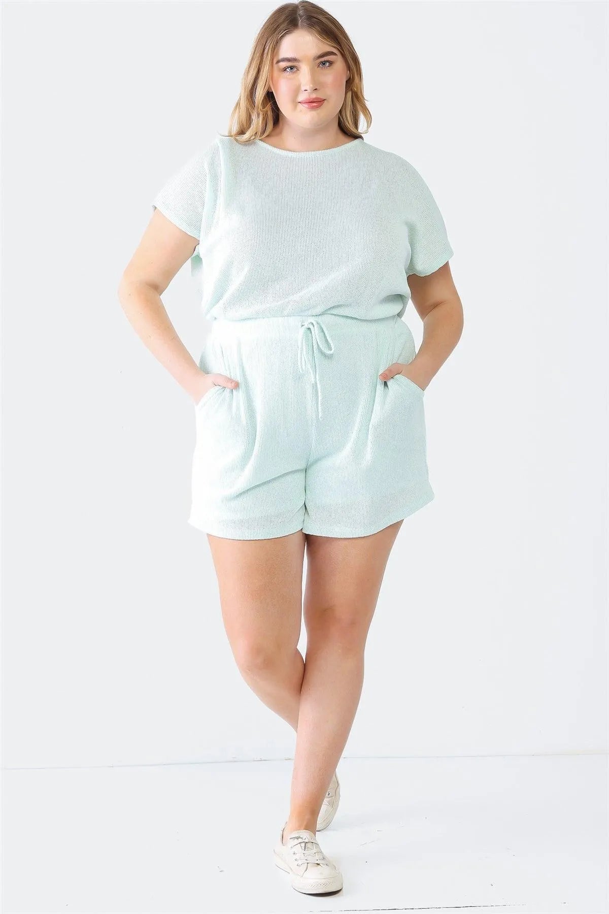 Junior Plus Mint Knit Dolman Sleeve Two Pocket Wrap Back Romper - Tasha Apparel Wholesale