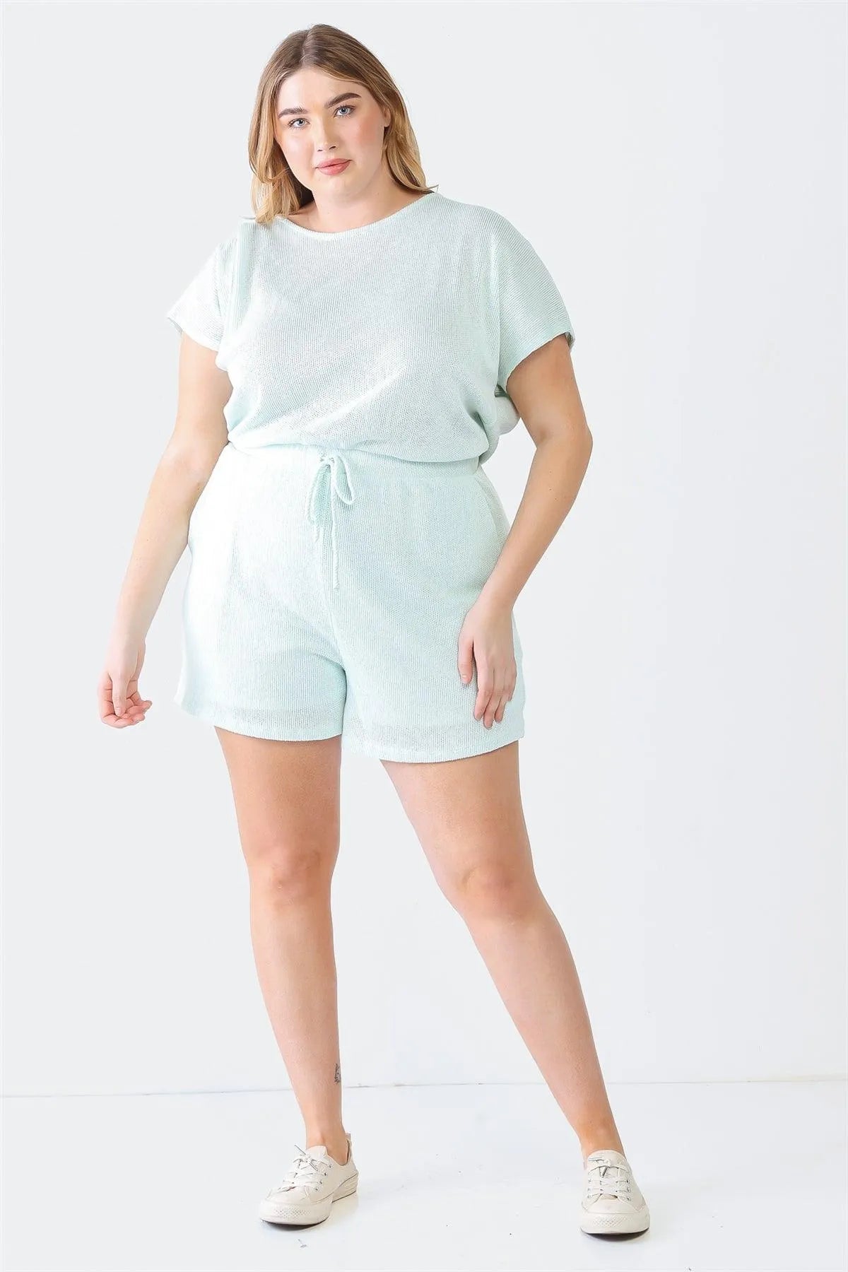 Junior Plus Mint Knit Dolman Sleeve Two Pocket Wrap Back Romper - Tasha Apparel Wholesale