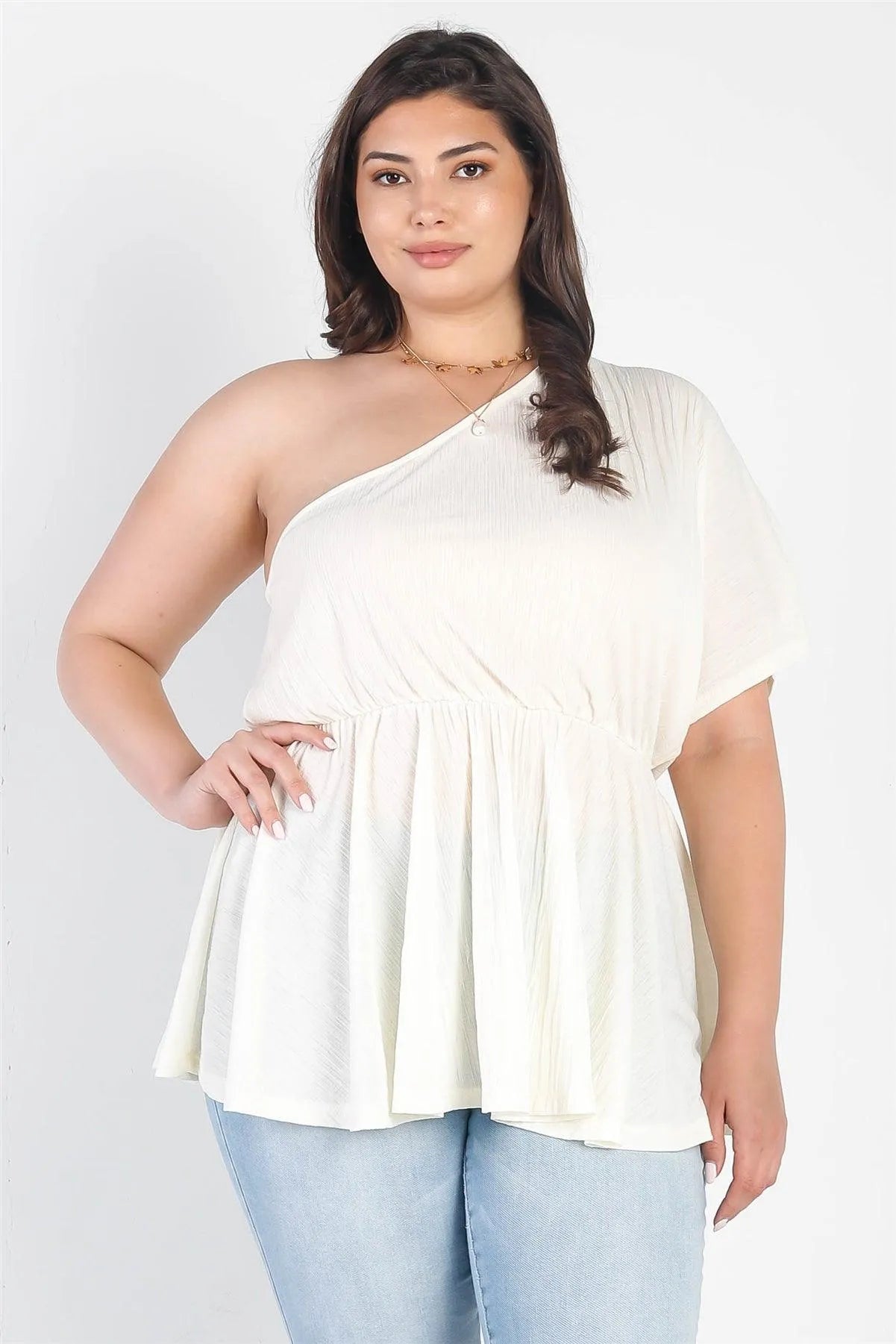 Junior Plus Cream Textured One Shoulder Elasticized Waist Flare Hem Top /3-2-1 - Tasha Apparel Wholesale