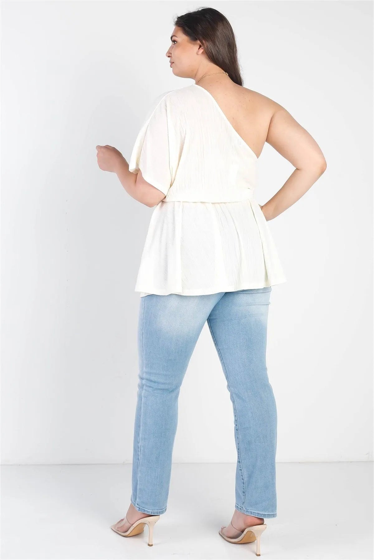 Junior Plus Cream Textured One Shoulder Elasticized Waist Flare Hem Top /3-2-1 - Tasha Apparel Wholesale