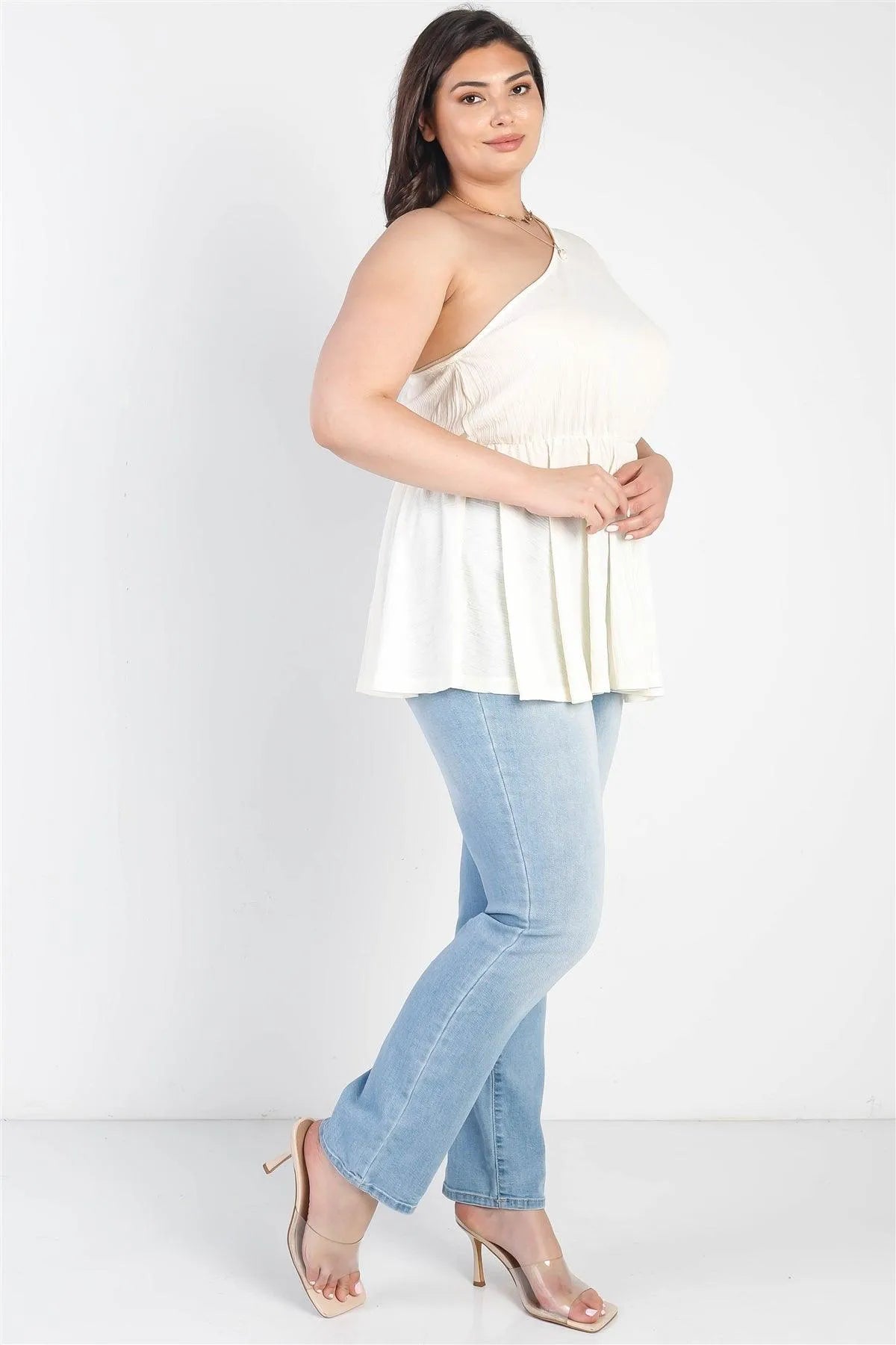 Junior Plus Cream Textured One Shoulder Elasticized Waist Flare Hem Top /3-2-1 - Tasha Apparel Wholesale